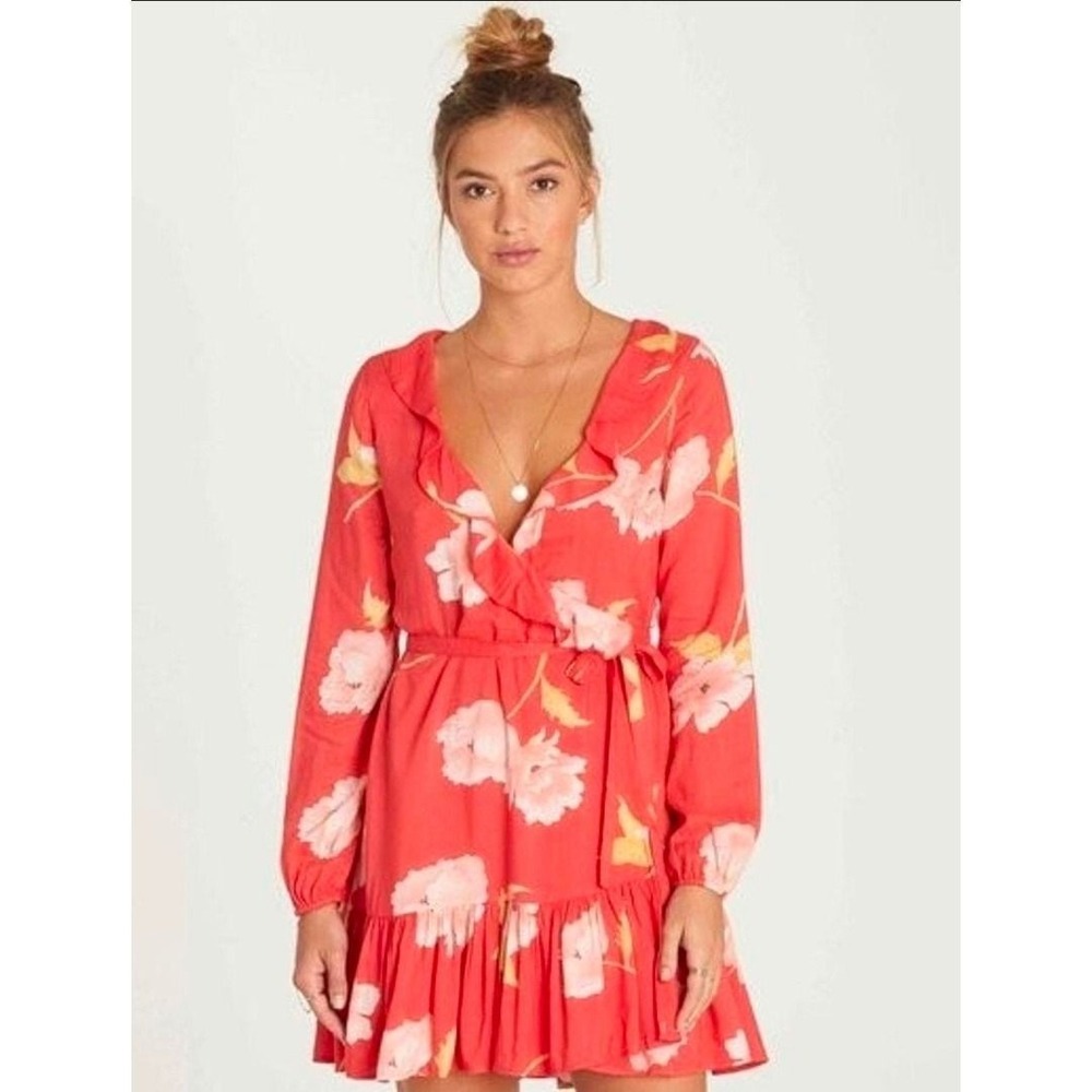 Billabong Floral Ruffle‎ Costal Wrap beach Mini Dress Coral Pink Size M